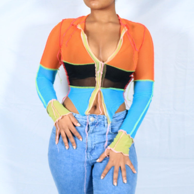 Y2K Tri-Color Body Con Long Sleeve Shirt